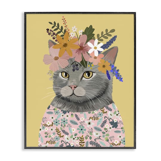 Stupell Industries Spring Cat Floral Portrait Frame Giclée Wall Art